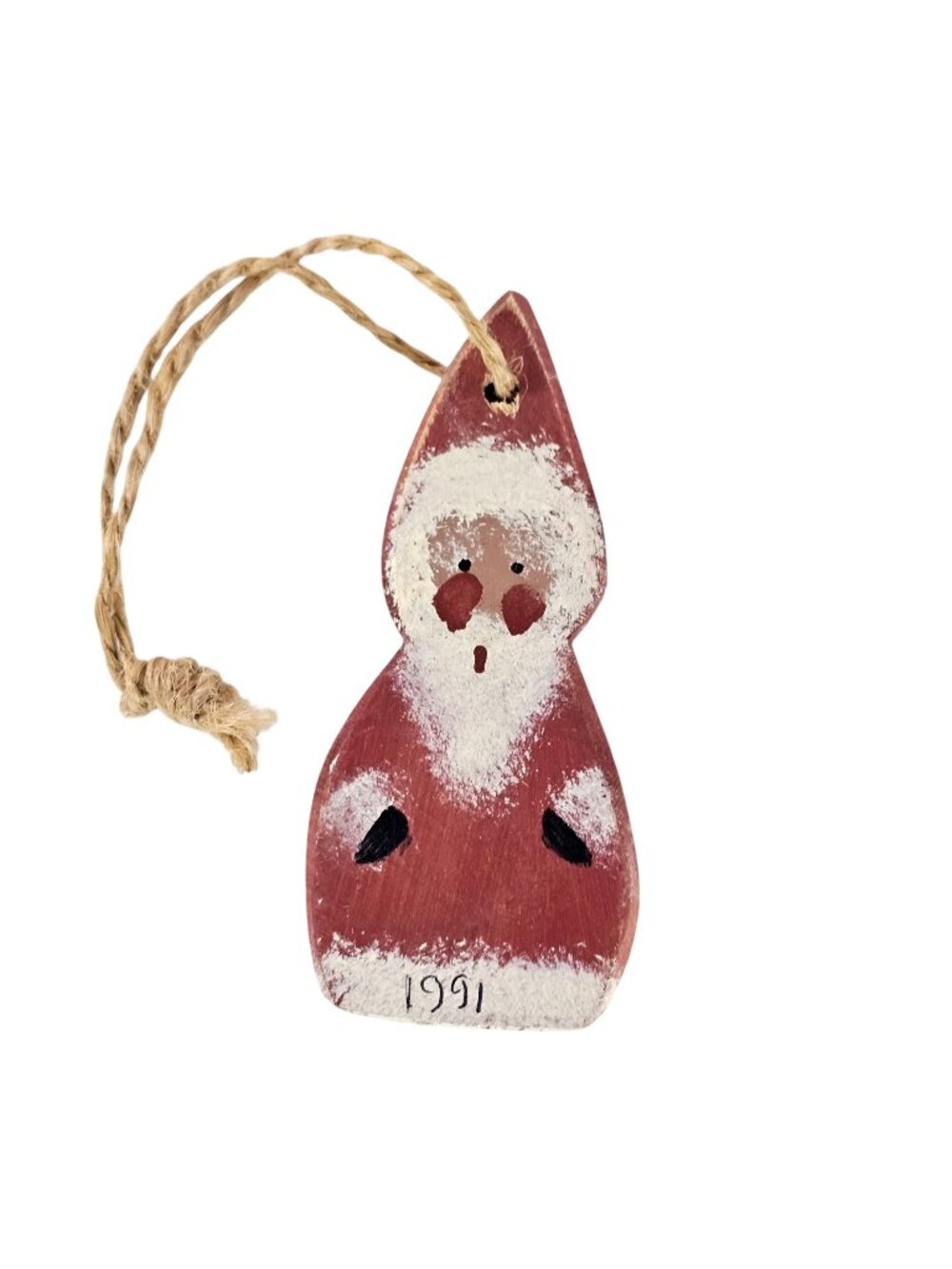 Handmade Santa Ornament Red & White Wood 1991 Rustic Christmas Decoration
